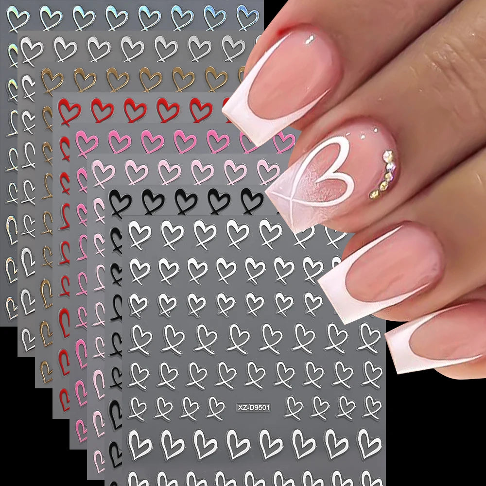 8Pcs 3D French Love Heart Nail Stickers Hollow Sweetheart Nail Decals DIY Valentine's Day Adhesive Sliders Manicure Decorations