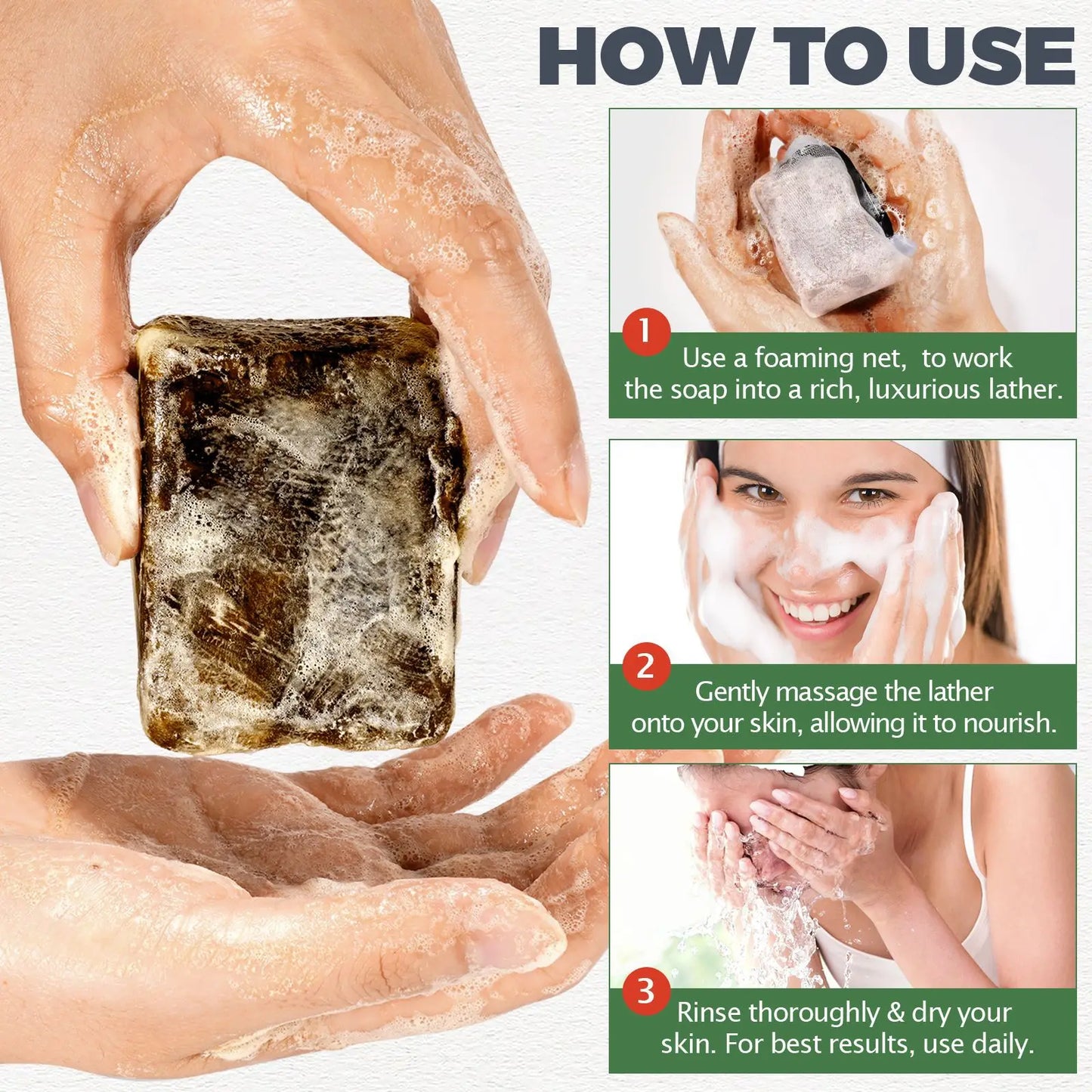 ELAIMEI African Black Soap 100g x 2, Handmade Natural Bar Deeply Moisturizes & Balances Oily Skin