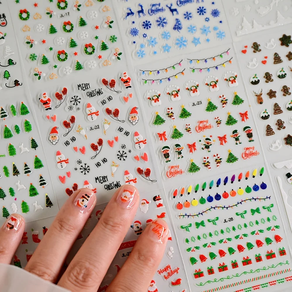 30pcs Festive Christmas Nail Art Stickers Set Self-Adhesive,Disposable Decals Reindeer Xmas Tree Designs Cute Semi-Matte Finish
