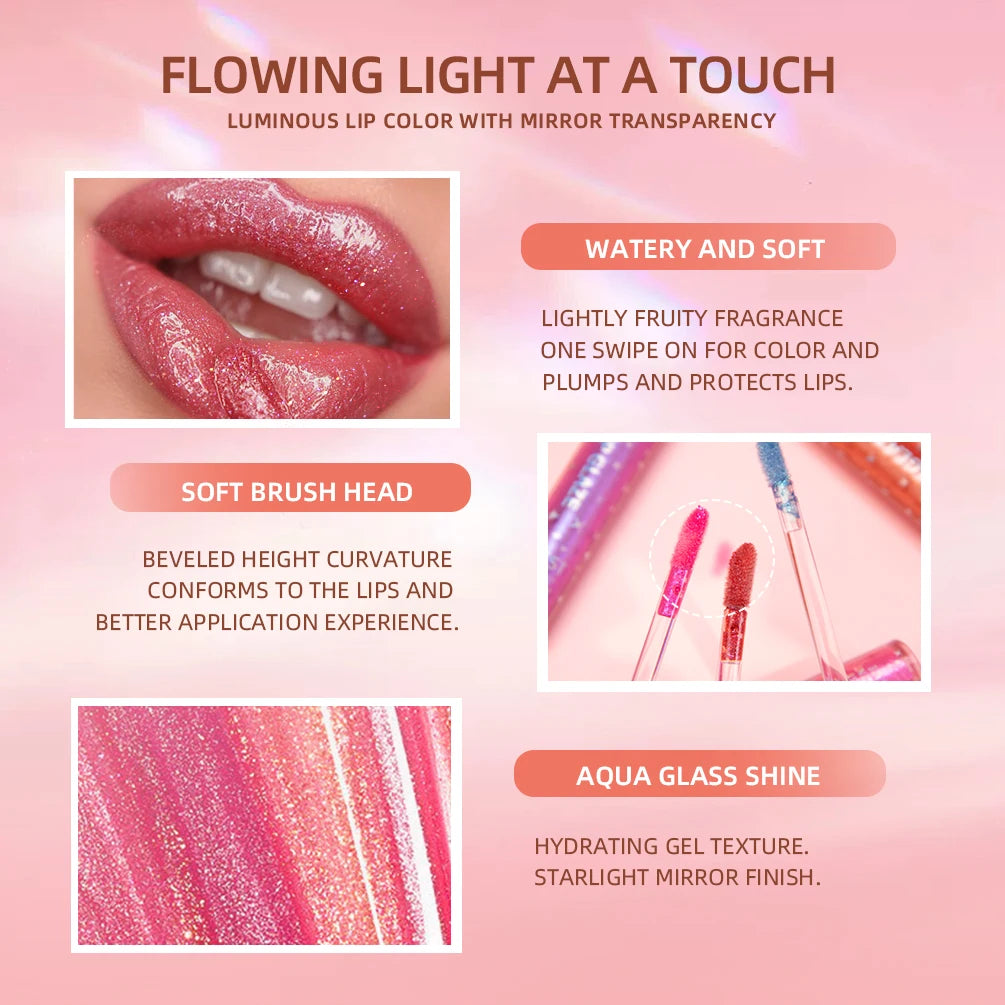 QIBEST 9Pcs/Sets Glitter Lip Glaze Liquid Lipstick Set Shine Lip Gloss Gift Box Natural Moisturizer Waterproof Lips Makeup