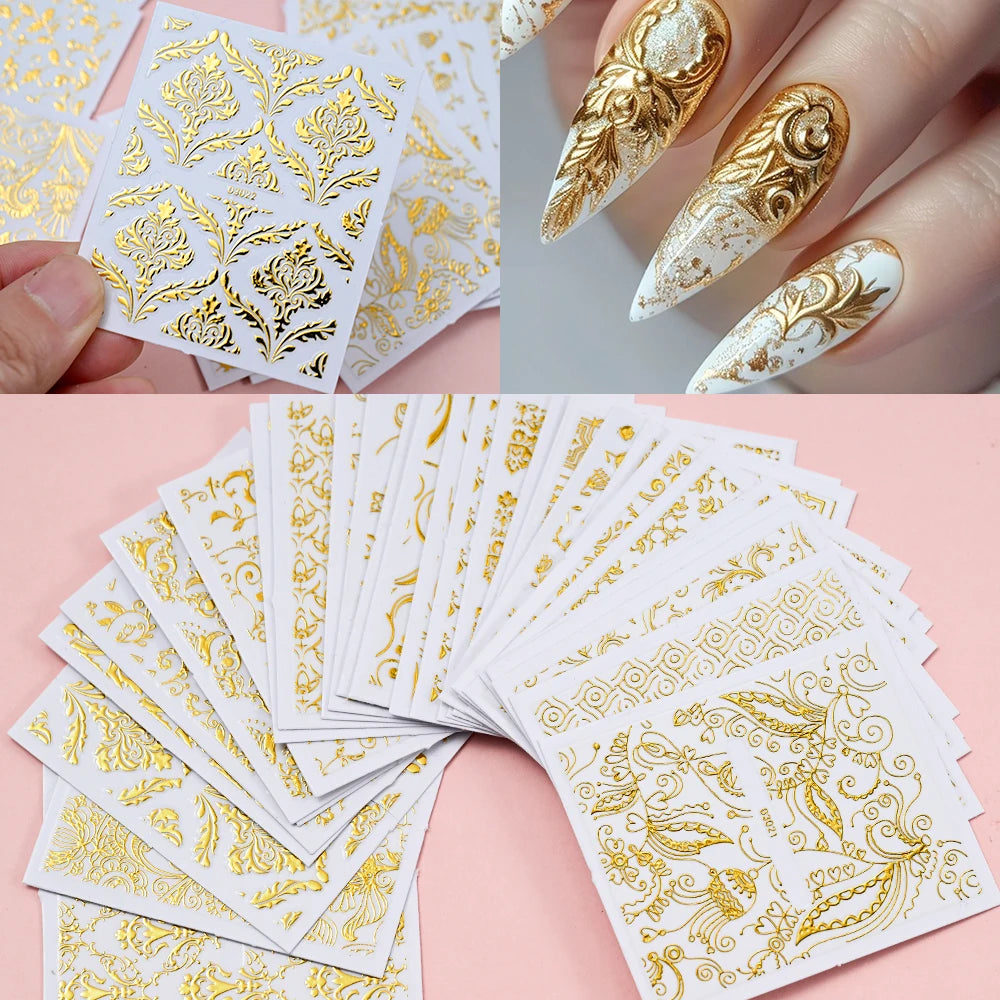 30pcs 5D Embossed Rose Golden Lace Floral Nail Stickers Retro Vine Flower Nail Decals 5.5*6.5cm Irregular Geometric Nail Sliders
