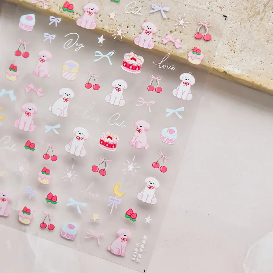 Pink Pudding Cherry Bowknot Heart shaped Star Claw Print Sweet Self Adhesive 5D Nail Art Decoration Sticker Manicure Decal DIY