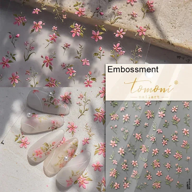 1piece 5Dcute tulip flower nail stickers high quality self-adhesive embossed nail art decals for girls summer decoration sticker