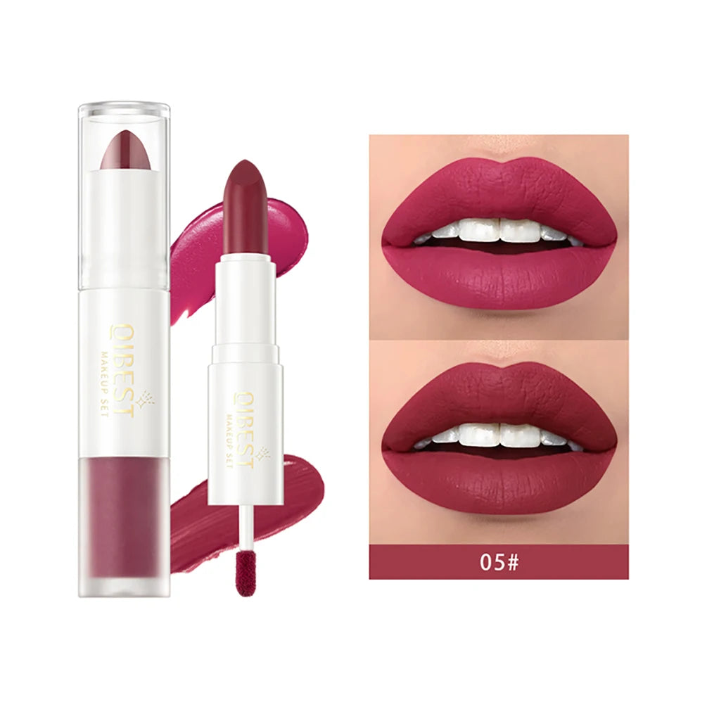 QIBEST 10 Colors 2 in 1 Matte Lipstick Lip Gloss Cosmetics Waterproof Double Head Red Purple Lipstick Long Lasting  Lips Makeup