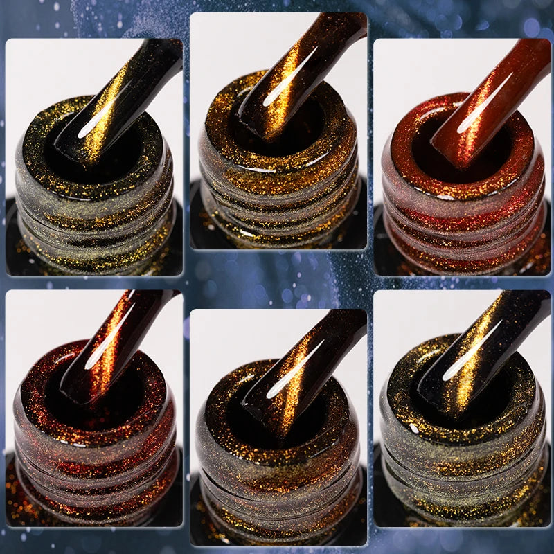 1- 6pc Golden Glitter Cat Magnetic Nail Gel Cat Eye Holographic Reflective Semi Permanent UV Gel Soak Off Sparkling Nail Art