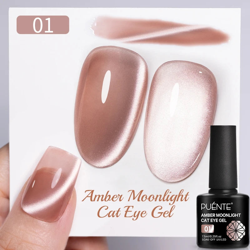 PUENTE 7.5ML Golden Gems Cat Magnetic Gel Nail Polish Pink Brown Blue Colors Golden Glitter Cat Eye Soak Off UV Nail Art Varnish