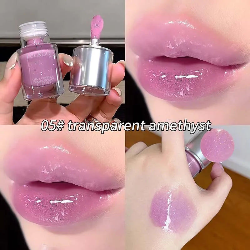 Shining Crystal Clear Lip Gloss Moisturizing Mirror Lip Glaze Long-Lasting Non-stick Cup Transparent Purple Water Light Lip Oil