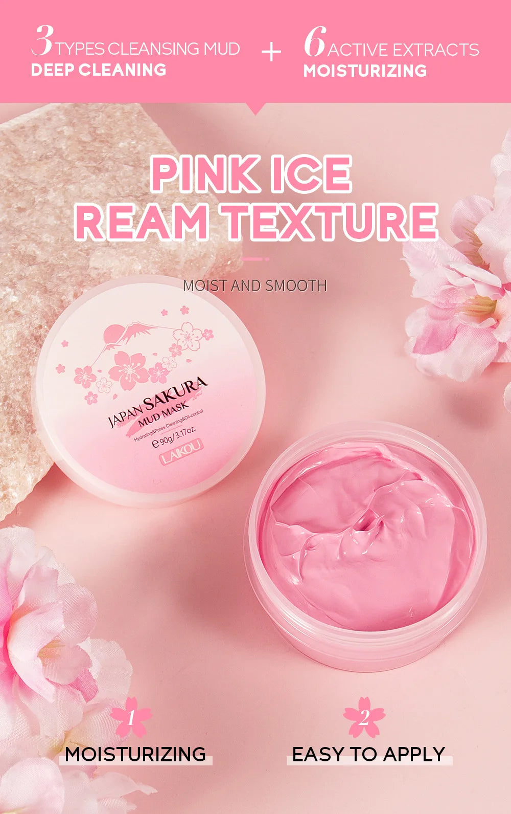 LAIKOU Sakura Clay Mask 25g/90g Deep Cleansing Oil Control Blackhead Removal Moisturizing Brightening Facial Skin Care