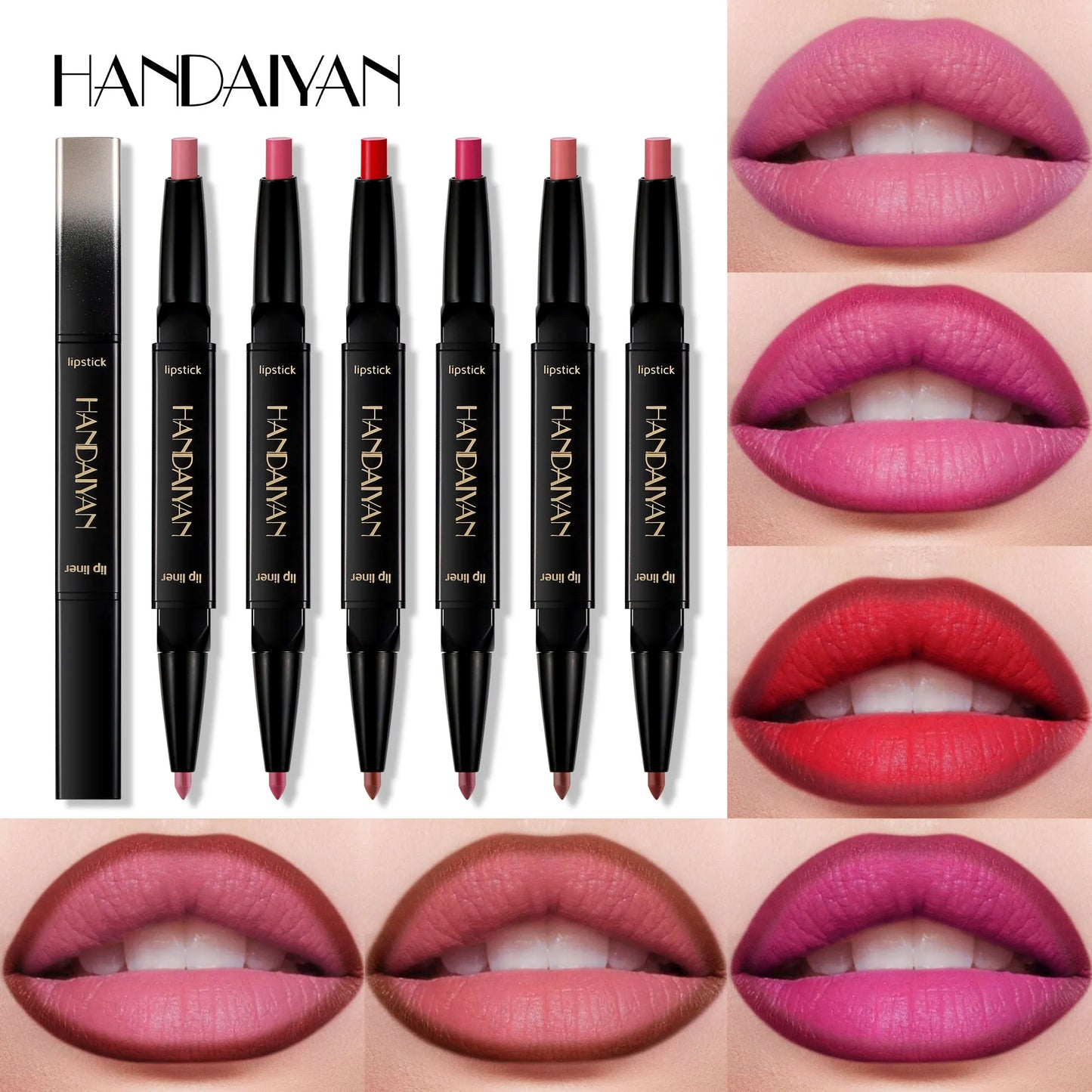 HANDAIYAN 2 in 1 Double-end Matte Lipstick Pencil Lipliner Waterproof Long Lasting Matte Lip Liner Pen 6 Colors Lipsticks Makeup