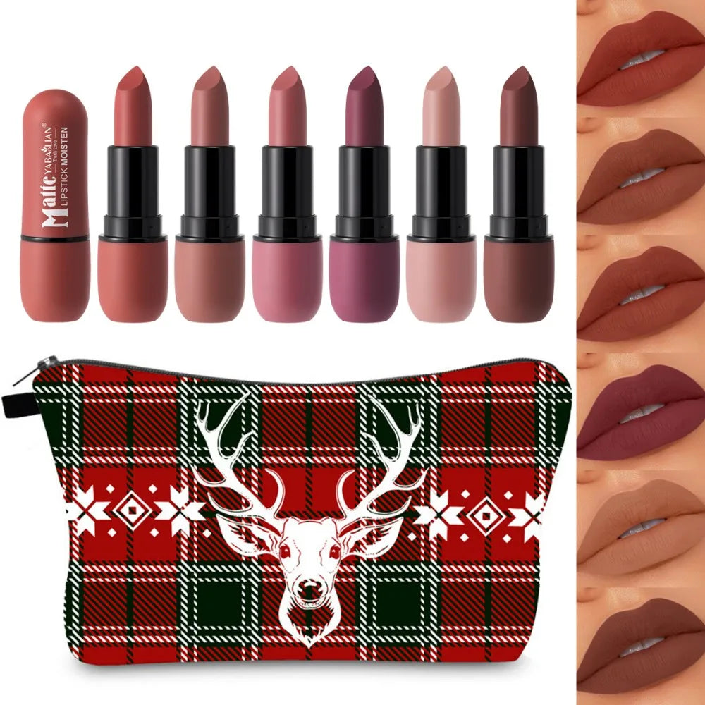 Ladies' Christmas Makeup Set, 6 Lipstick and Makeup Bag, Durable and Easy to Apply Designed for Ladies and Girls