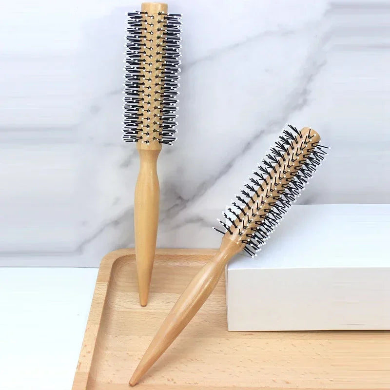 Mini Round Nylon Hairbrush Curly Hair Styling Comb Rolling Comb Round Brush for Thin or Short Hair Men with Wooden Handle