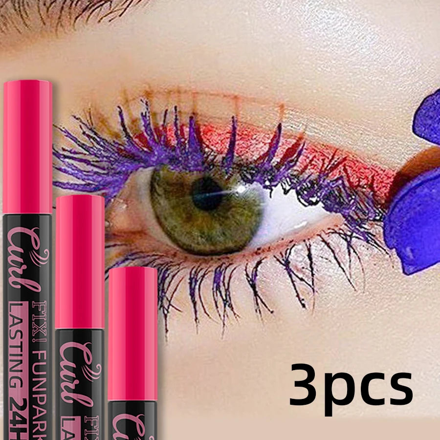3pcs Colorful 3D Eye Blue Green Purple Mascara Waterproof Lengthens Eyelashes Extension Silk Fiber Mascare Long Lasting Eye Makeup for Women Cosmetic Korean Make up