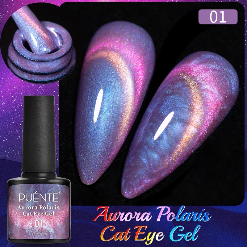 PUENTE 7.5ML Golden Gems Cat Magnetic Gel Nail Polish Pink Brown Blue Colors Golden Glitter Cat Eye Soak Off UV Nail Art Varnish