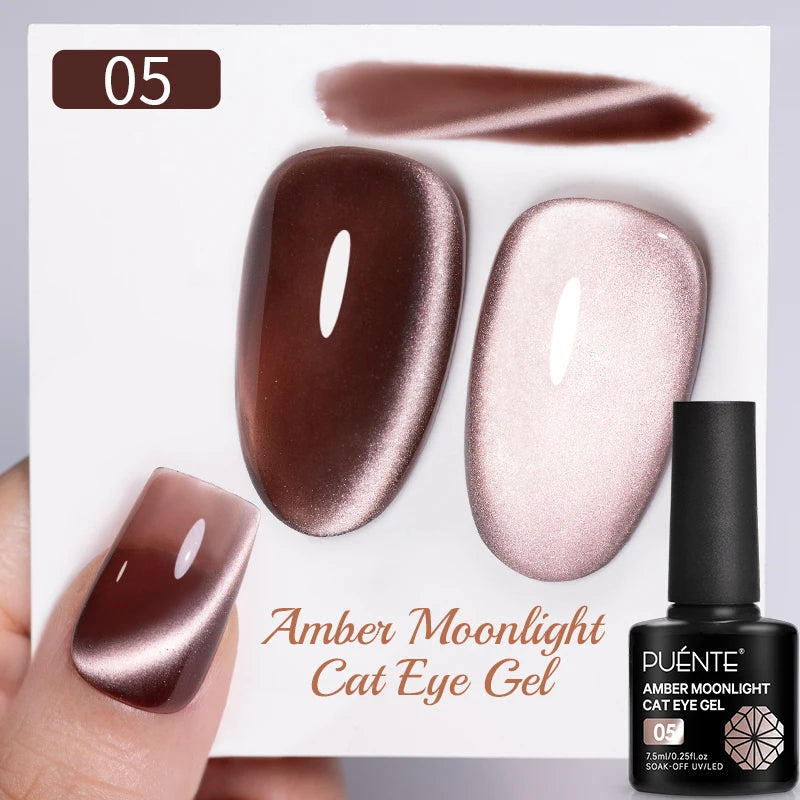 PUENTE 7.5ML Golden Gems Cat Magnetic Gel Nail Polish Pink Brown Blue Colors Golden Glitter Cat Eye Soak Off UV Nail Art Varnish