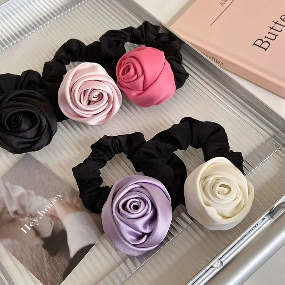 Sweet Flower Rose Hair Rope Hair Tie Scrunchies Silk Satin Hair Rope Korean Style Headwear Elastic Hair Band Ponytail Holder