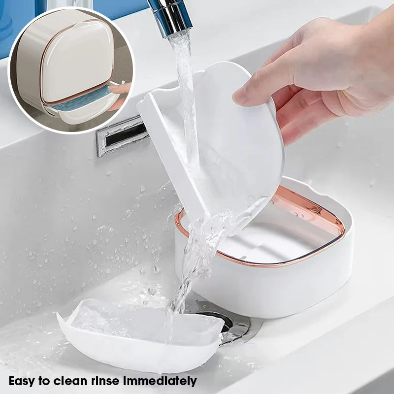 Soap dish with drainage tray, wall-mounted shower holder, keeps bars dry, flip-top waterproof soap holder requiring no drilling