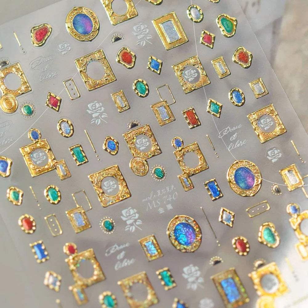 Elegant Gold Scepter 5D Nail Art Stickers Gorgeous Gemstone Luxury Courtly Pattern Necklace Frame Self Adhesive Manicure Decals