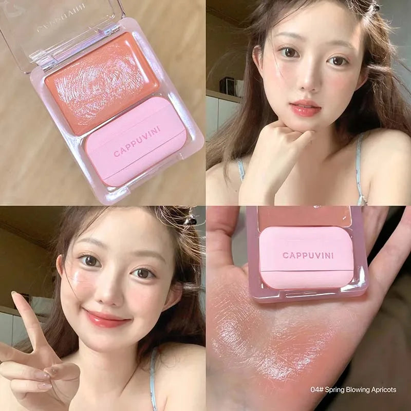 Orange Pink Blusher Plate with Puff Water Gloss Blush Cream Makeup Lasting Moisturizing Cheek Tint Rouge Portable Blush Cosmetic