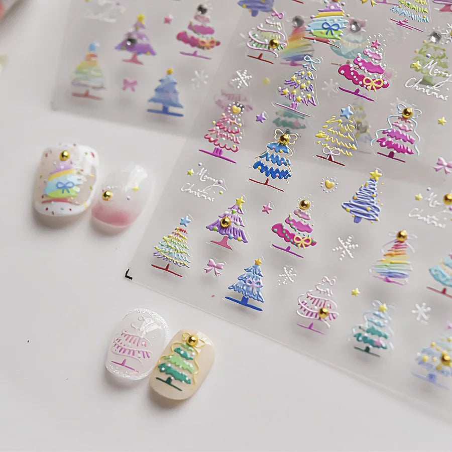 Gold Snowflake Bowknot Snowman Lovely Christmas 3D Self Adhesive Nail Art Sticker Rhinestone 5D Embossed Reliefs Manicure Decals