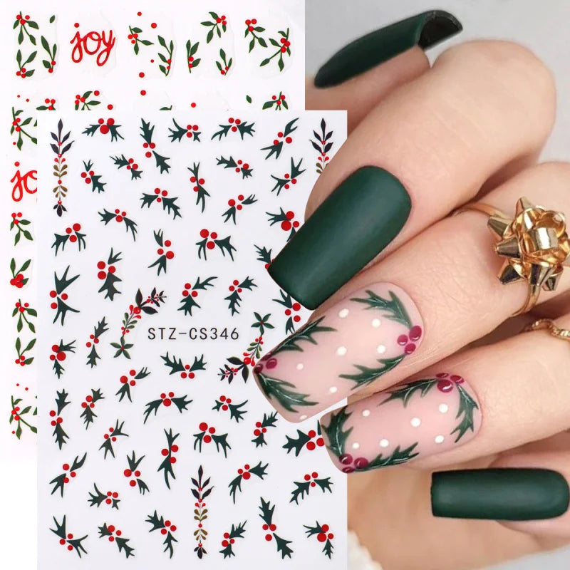 2pcs Christmas Holly Nail Art Stickers Xmas Flower Leaf Designs Jolly New Year Winter Adhesive Decals Sliders Decoration
