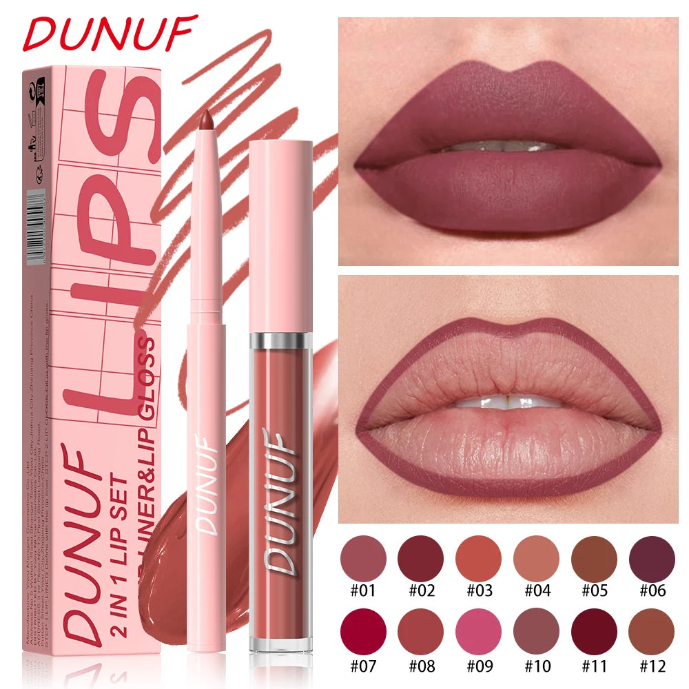 Matte Lip Gloss Lip Liner Set, 2pcs Waterproof Non-sticky Long-Lasting Lipstick, Nude Deep Red Mauve, Y2K Makeup Christmas Gift