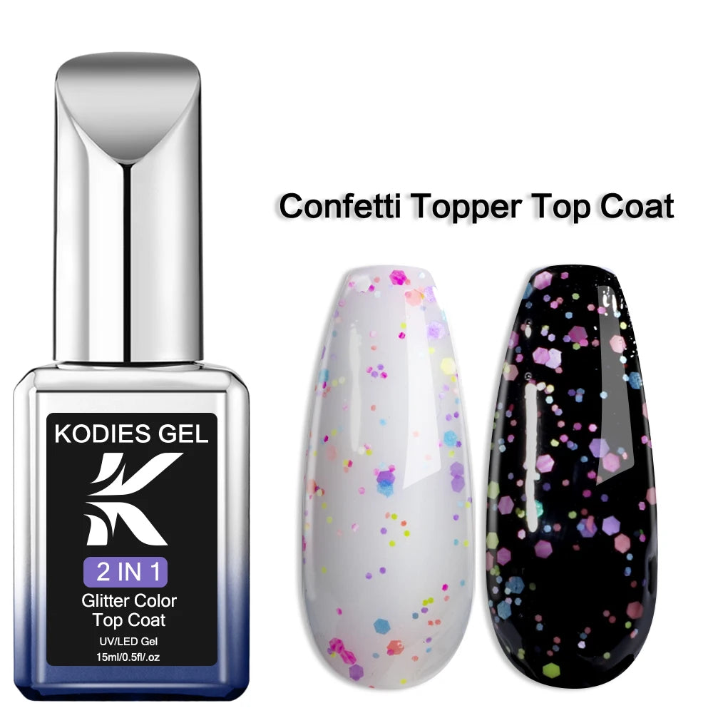 KODIES GEL Glitter Top Coat Gel Nail Polish 2 In 1 Semi Permanent  UV Stars Moon Halo Top Coat No Wipe Manicure Nail Art Sealer