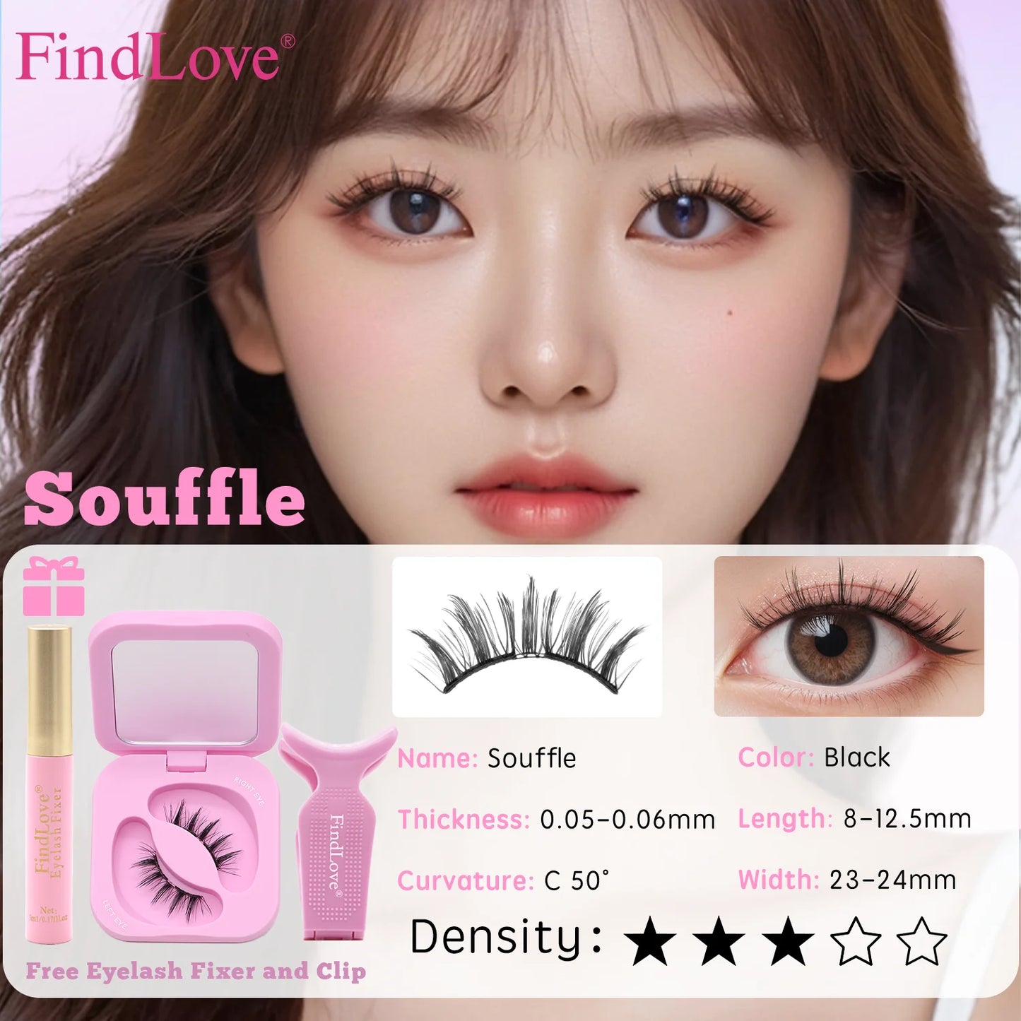 FindLove Soft Magnetic Lashes Reusable Magnetic Eyelash Extension Set With Wearing Clip Eyelash Styling Gel Natural Soft Lashes