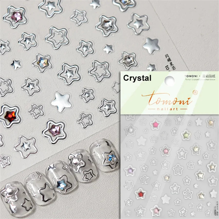 1 piece 5D color crystal star nail stickers high quality love shiny silver hollow smear rainbow flower jelly design nail sticker