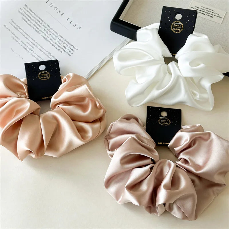 Satin Silk Like Hair Scrunchies Black Big Hair Ties For Girl Scrunchie Solid Color Hair Accessories Scrunch Headbands For Women