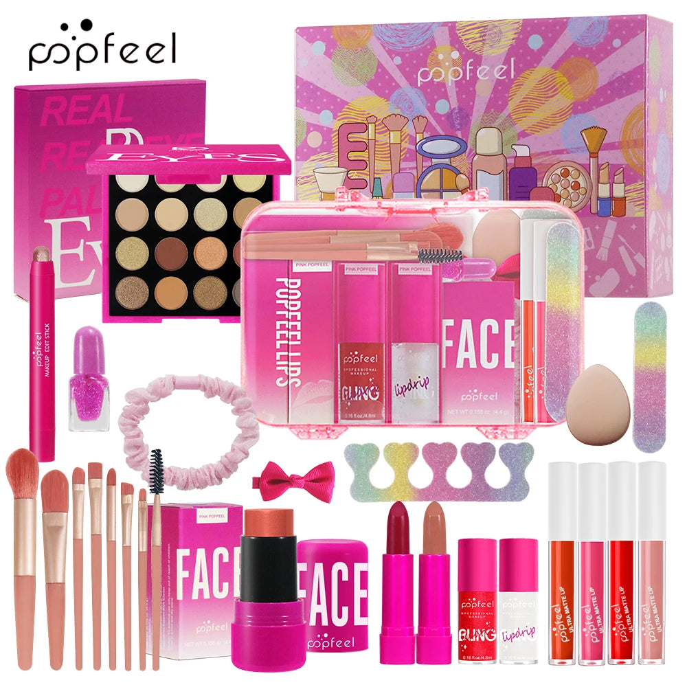 POPFEEL Pink Makeup Set - All-in-One Eyeshadow, Foundation, and Lipstick Kit for Holiday Celebrations and Christmas Gift Giving.
