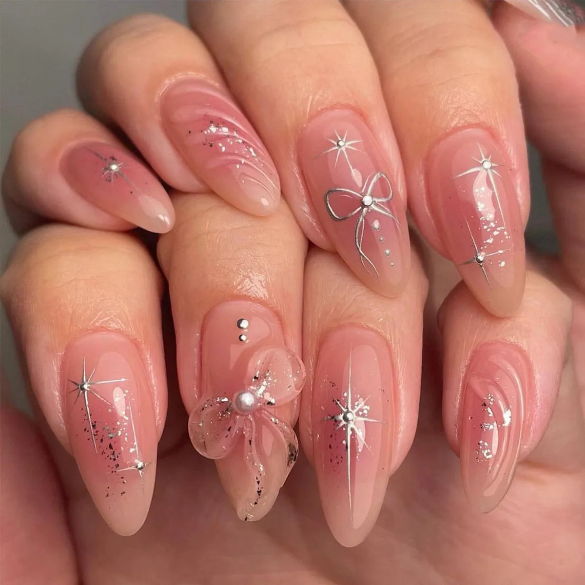 24pcs Sweet False Nail Patches Detachable Fake Nail Tips With Bowknots Love Heart Pearl Design Pink Almond Korean Press On Nail