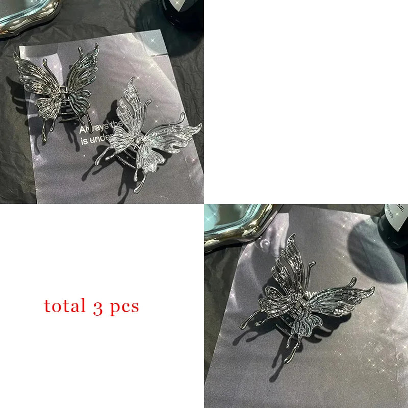 1/2/3 Pcs Large Hollow Butterfly Hair Claws for Women Black Silvery Cool Metal Style Fashion Shark Clips Head Accessories Set