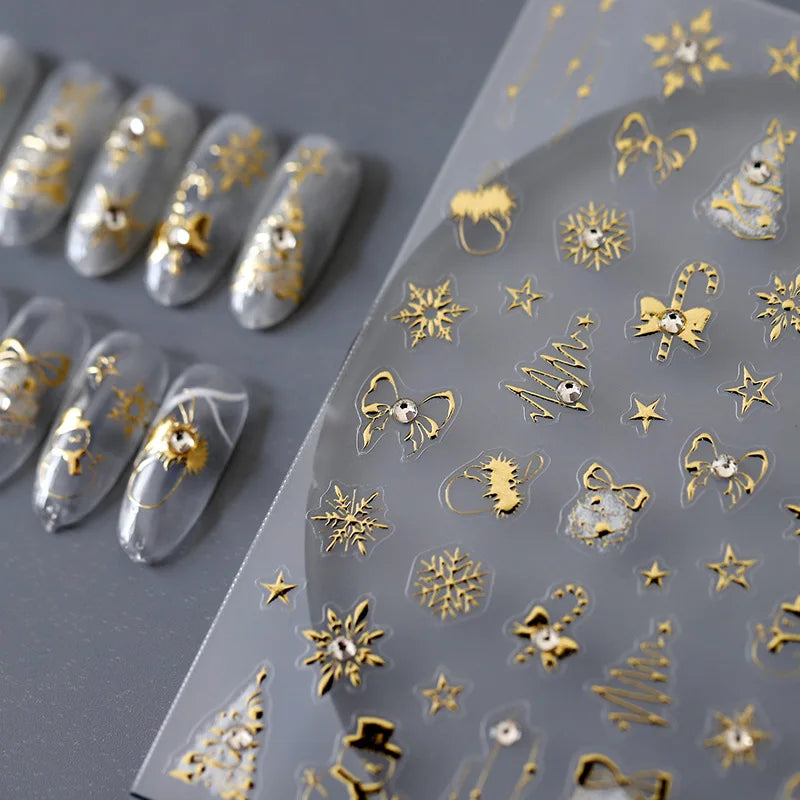 Gold Snowflake Bowknot Snowman Lovely Christmas 3D Self Adhesive Nail Art Sticker Rhinestone 5D Embossed Reliefs Manicure Decals