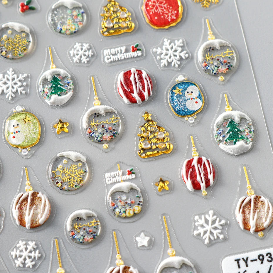 3D Winter Snowflakes Snow Globe Nail Sticker Cute Christmas Snowman Gold Star Nail Art Decals 5D Stickers Decorations Manicure