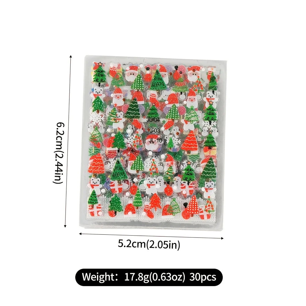 30pcs Festive Christmas Nail Art Stickers Set Self-Adhesive,Disposable Decals Reindeer Xmas Tree Designs Cute Semi-Matte Finish