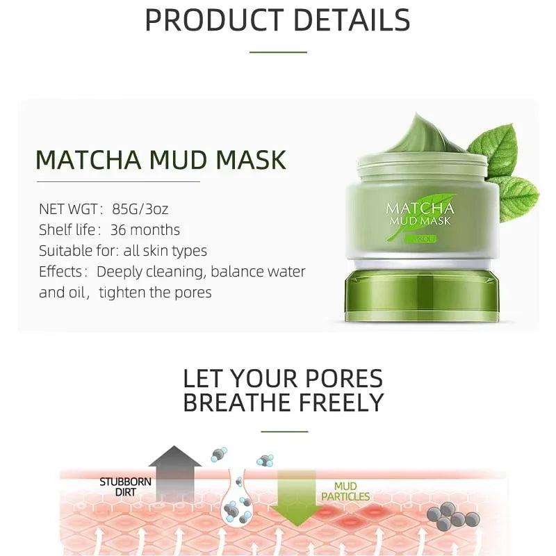LAIKOU Matcha Mud Face Mask Deep Cleansing Oil-Control Clay Facial Mask Moisturizing Packs Facial Korean Skin Care Mud Masks