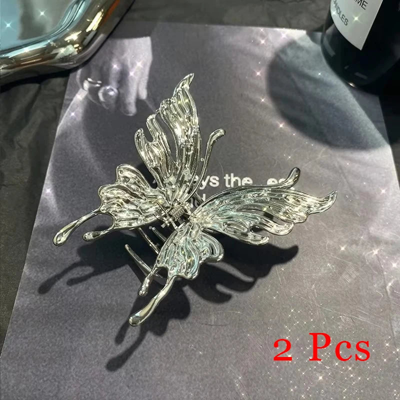 1/2/3 Pcs Large Hollow Butterfly Hair Claws for Women Black Silvery Cool Metal Style Fashion Shark Clips Head Accessories Set