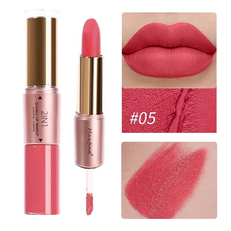 2 In 1 Matte Liquid Lipstick Long Lasting Color Moisturizing Waterproof Non Stick Cup