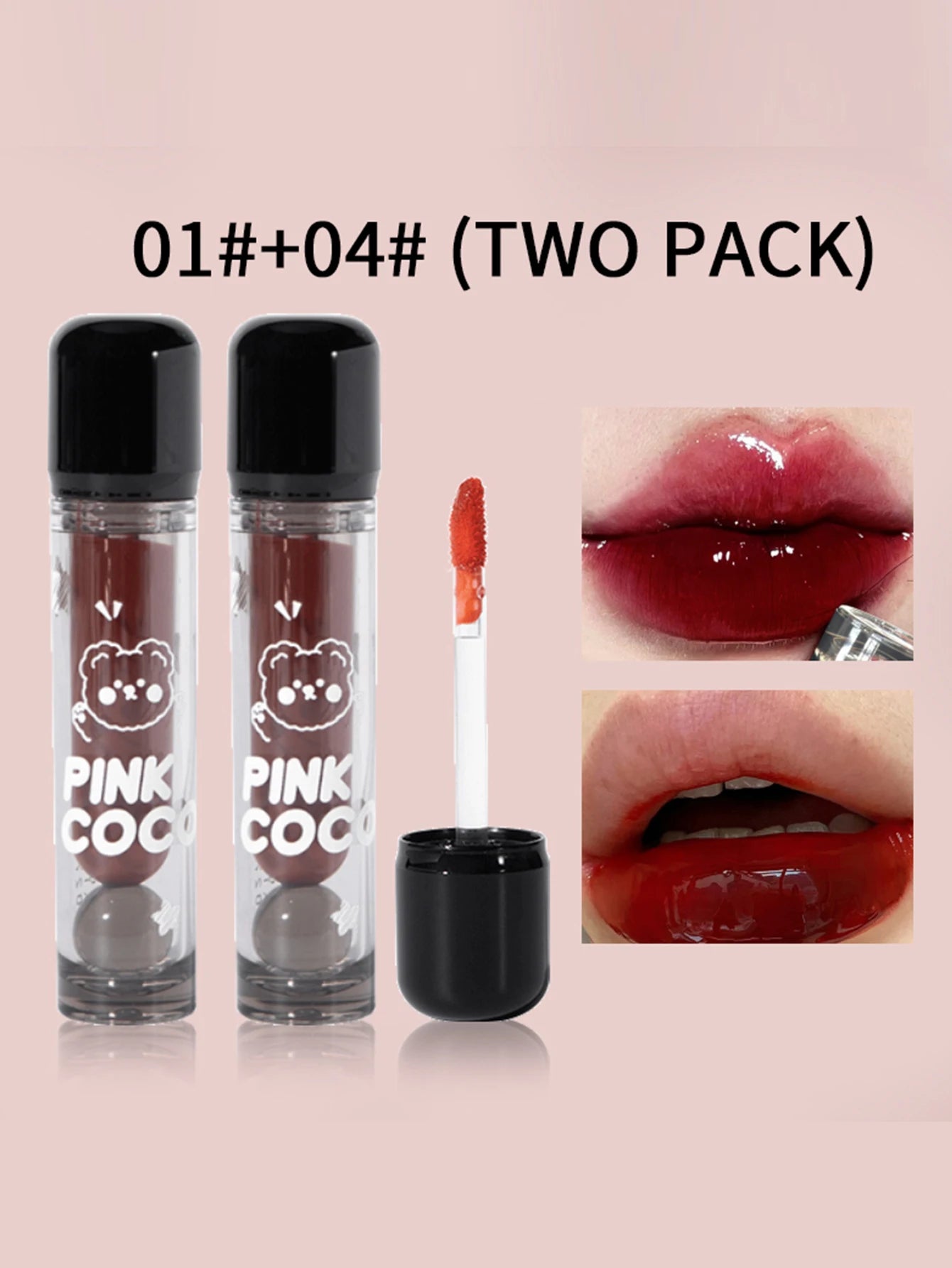 PINKCOCO Bear Doodle Mirror Lip Glaze — Long-Lasting Shiny Lip Gloss, Student-Friendly, Skin-Brightening Nude Lipstick