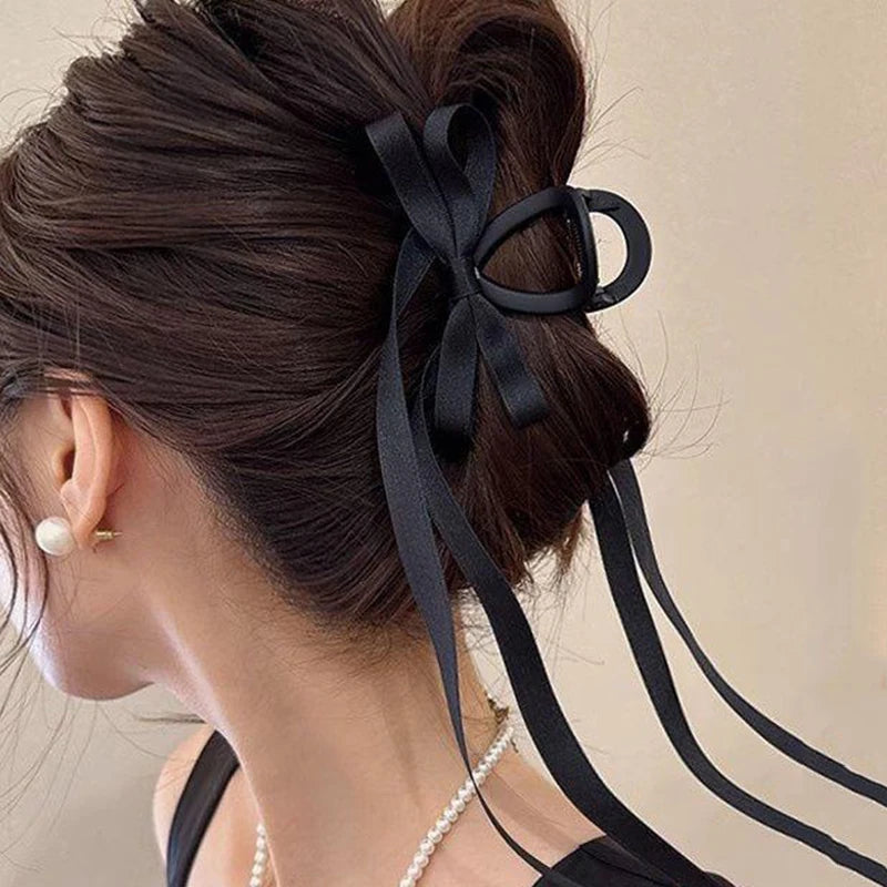 Fashion Black Long Ribbon Bow Claw Clip Back Butterfly Clips Shark Clip Women Girl New Frosted Hair Accessories Hair Claw Clip
