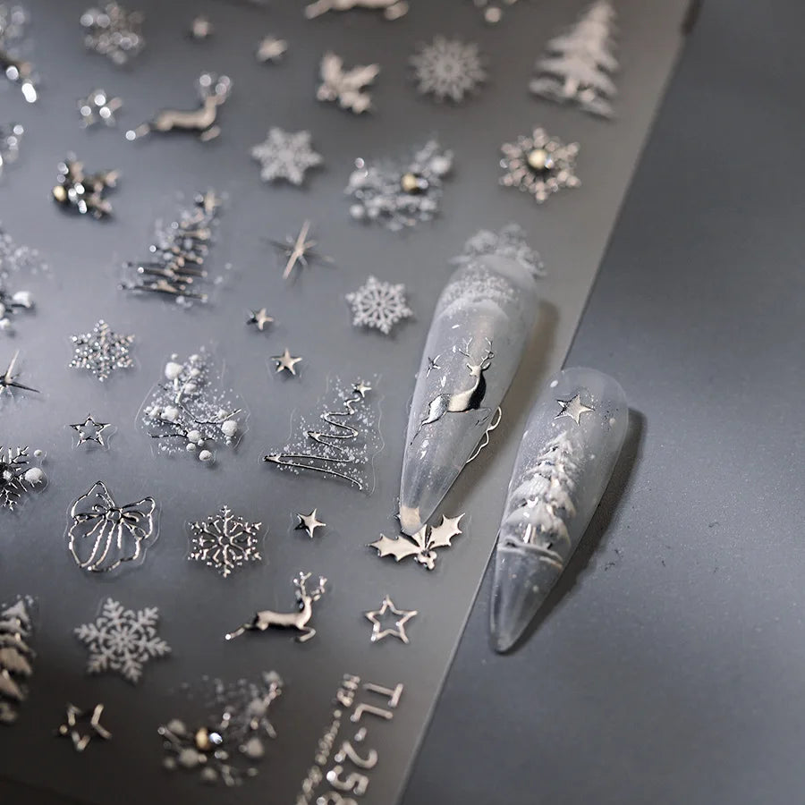 Gold Snowflake Bowknot Snowman Lovely Christmas 3D Self Adhesive Nail Art Sticker Rhinestone 5D Embossed Reliefs Manicure Decals