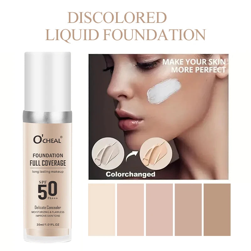 Color Changing Liquid Foundation,Waterproof Concealer,Full Coverage Moisturizing Oil-Control Whitening Cosmetics Lasting Makeup