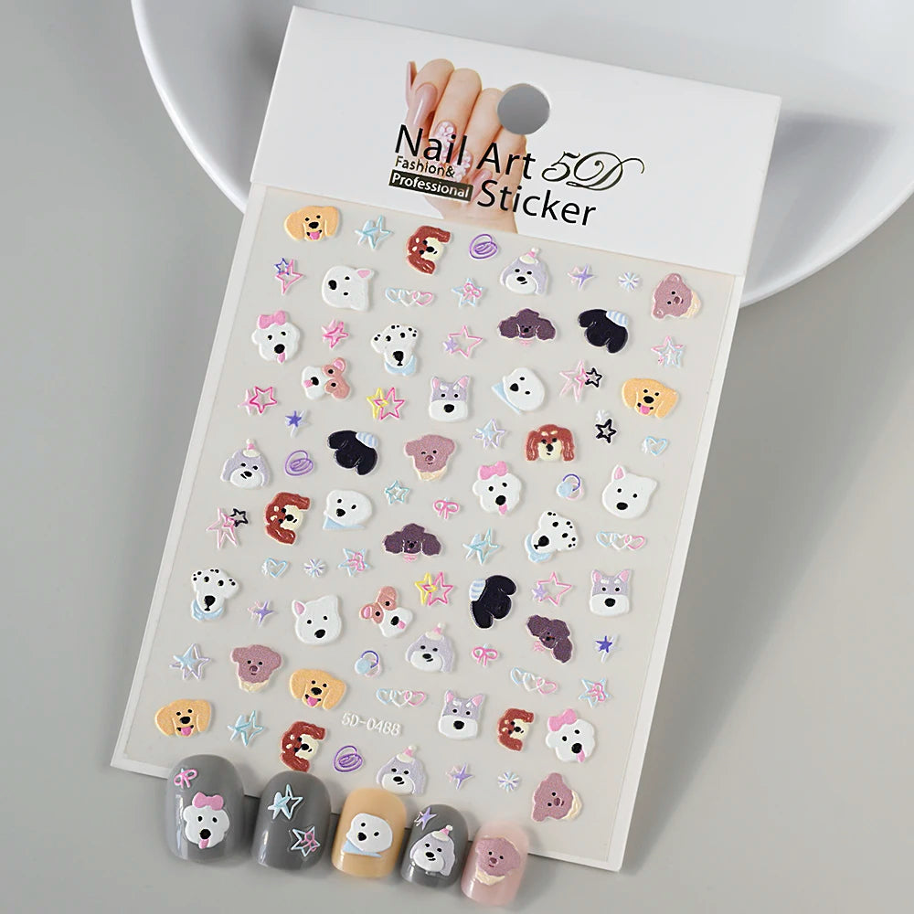 1PC 5D Macaron Flower/Fruit Nail Charms Sticker Embossed Bear/Rabbit/Letter Nails Slider Decals Summer Adhesive Manicure Decor&Y