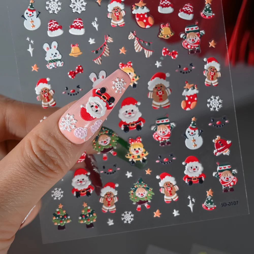 2pcs 5D Christmas Nail Stickers Waterfall Snowflakes Santa Claus Elk Gingerbread Nail Decals  Embossed Winter  Xmas Manicure Set