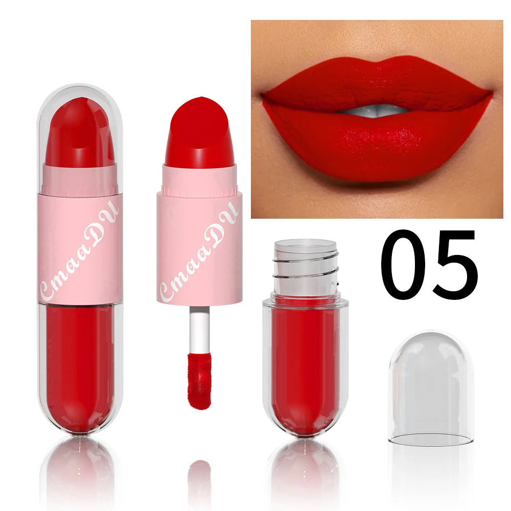Lipstick Lip Gloss 2-in-1 Matte Lip Color Velvet Lip Glaze Waterproof Long Lasting Non-marking Natural Lip Tint Blam Cosmetic