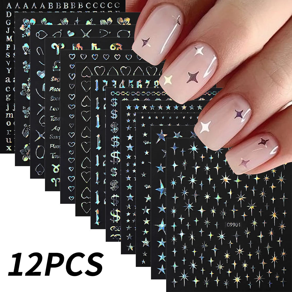 12Pcs 3D Gold Sliver Stars Nail Stickers Bronzing Starlight Nail Art Decals Self Adhesive Slider Decals DIY Nail Tips Decoration