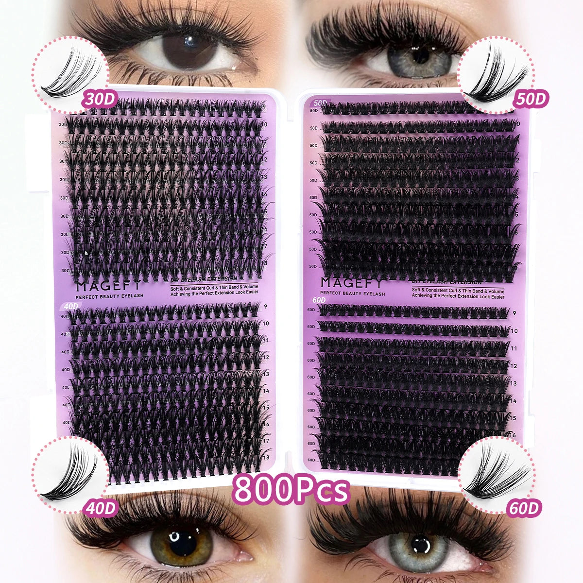 MAGEFY DIY Lashes Extensions Kit 800pcs Lash Clusters 80D/100D Wispy Individual Lashes Mix 9-18mm Cluster Eyelash Extension