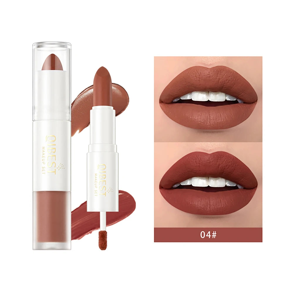 QIBEST 2 In 1 Matte Lipstick Lip Gloss Makeup Double Head Lip Satin Sexy Red Purple Lipgloss Long Lasting  Lip Tint Makeup