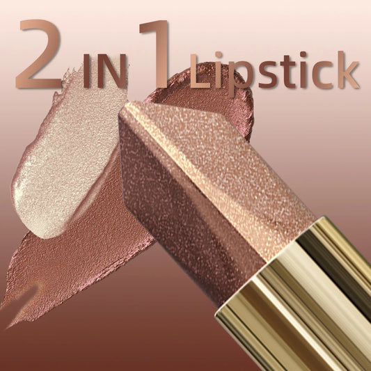 1PC Glitter Matte Tow-Tone Lipstick Velvet Finish Lip Liner Pen Smooth Application Lipstick Makeup for Defined Lips Brown Pink