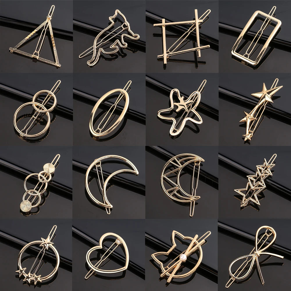 Triangle Moon Hairpin Fashion Women Metal Frog Clip Word Clip Elegant Star Round Barrette Alloy for Ladies Hair Accessories